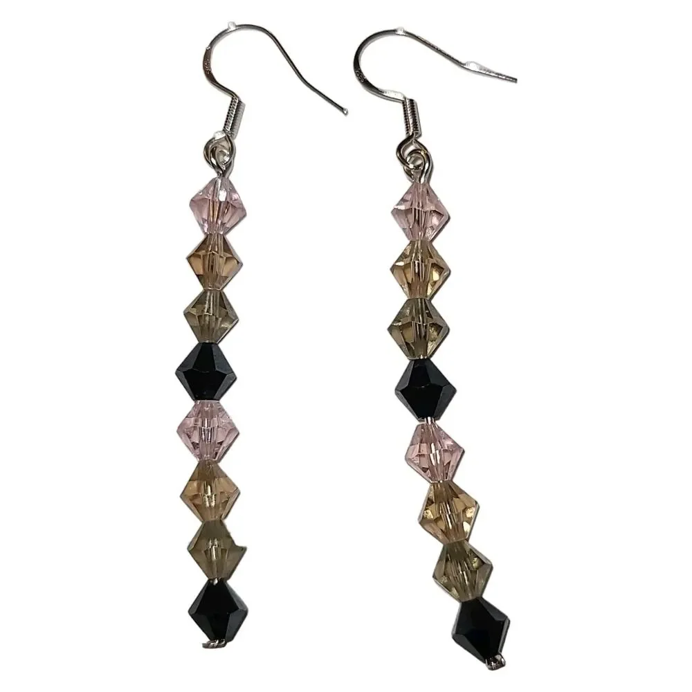 Sterling‎ Silver 925 Black Champagne & Pink Crystal Glass Drop Dangle Earrings